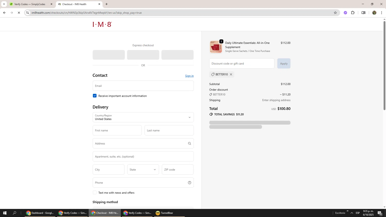 IM8 Health discount code screenshot showing code BETTER10 applied at IM8 Health checkout page. Uploaded by SimplyCodes community member Phoenix585 on Oct 7, 2025