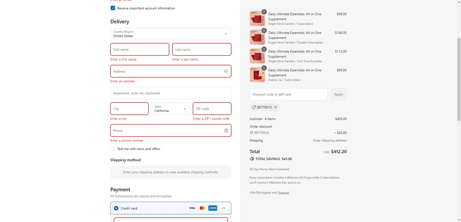 IM8 Health discount code screenshot showing code BETTER10 applied at IM8 Health checkout page. Uploaded by SimplyCodes community member SwiftCurator4059 on Sep 16, 2025