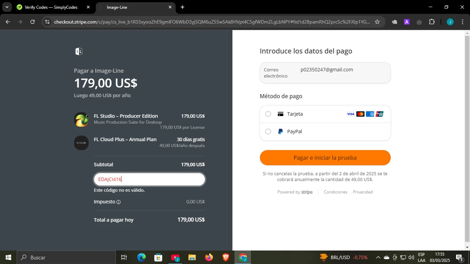 Image-Line promo code screenshot showing code EDAJCI416 applied at Image-Line checkout page. Uploaded by SimplyCodes community member WonderCaptain6926 on Mar 3, 2025