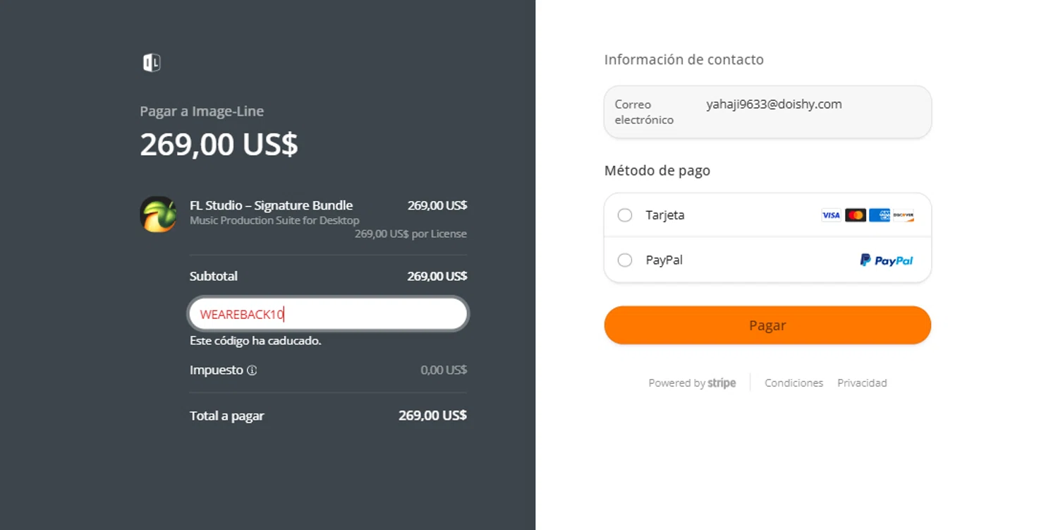 Image-Line promo code screenshot showing code WEAREBACK10 applied at Image-Line checkout page. Uploaded by SimplyCodes community member Juanls04 on Mar 16, 2025