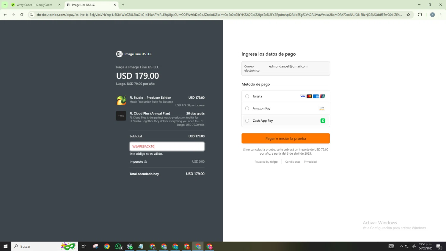 Image-Line promo code screenshot showing code WEAREBACK10 applied at Image-Line checkout page. Uploaded by SimplyCodes community member CashScholar6568 on Mar 4, 2025