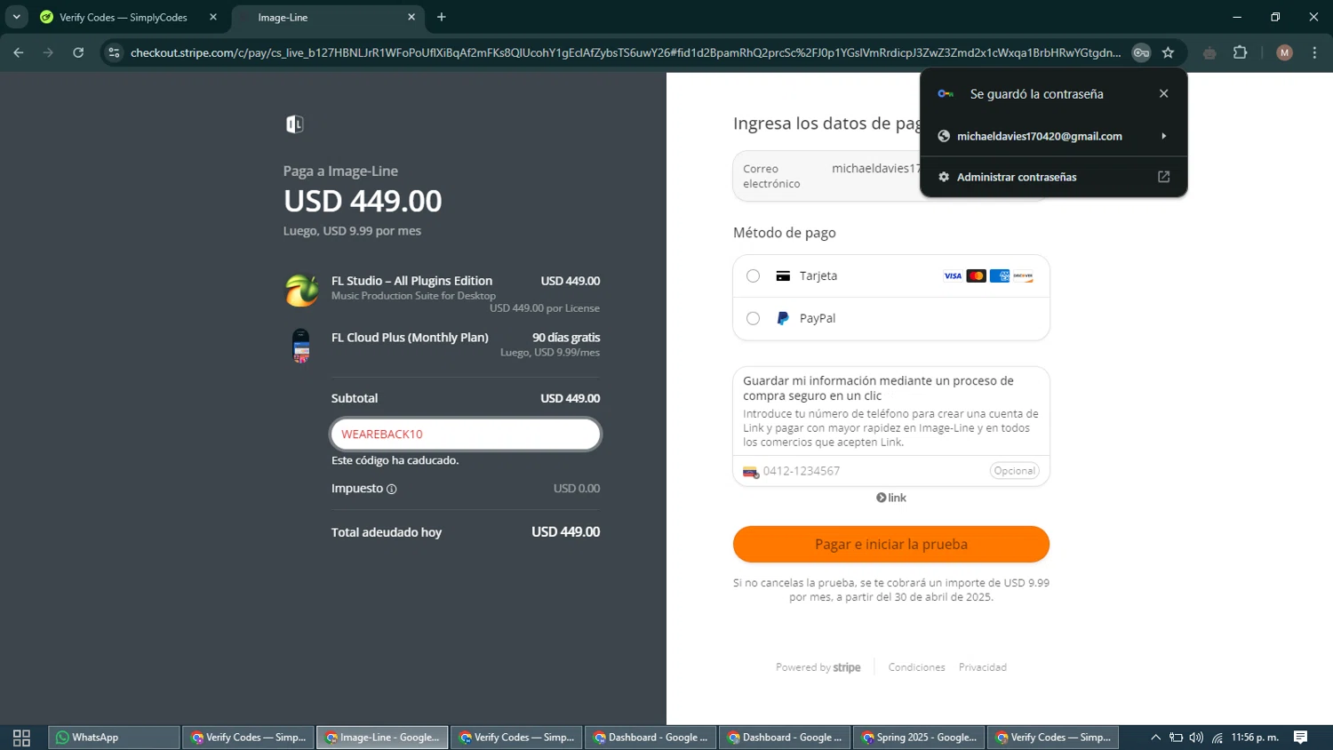 Image-Line promo code screenshot showing code WEAREBACK10 applied at Image-Line checkout page. Uploaded by SimplyCodes community member DiscountTitan4635 on Jan 31, 2025
