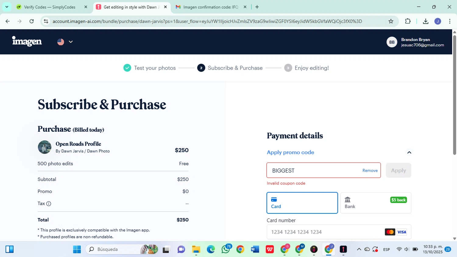 Imagen promo code screenshot showing code BIGGEST applied at Imagen checkout page. Uploaded by SimplyCodes community member DiscountSleuth6807 on Oct 14, 2025