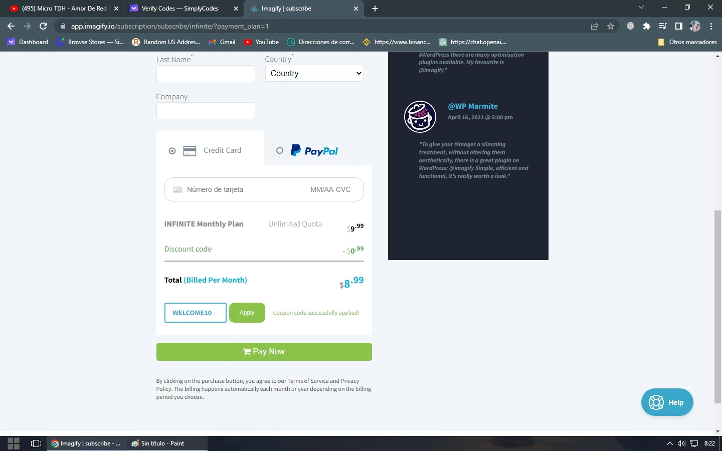 where to use Imagify promo code box