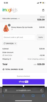 Imagikids coupon verification screenshot