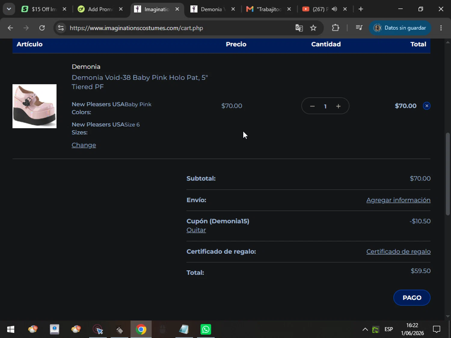 Imaginations Costume & Dance promo code screenshot showing code Demonia15 applied at Imaginations Costume & Dance checkout page. Uploaded by SimplyCodes community member MarcosAranguren on Jun 1, 2026