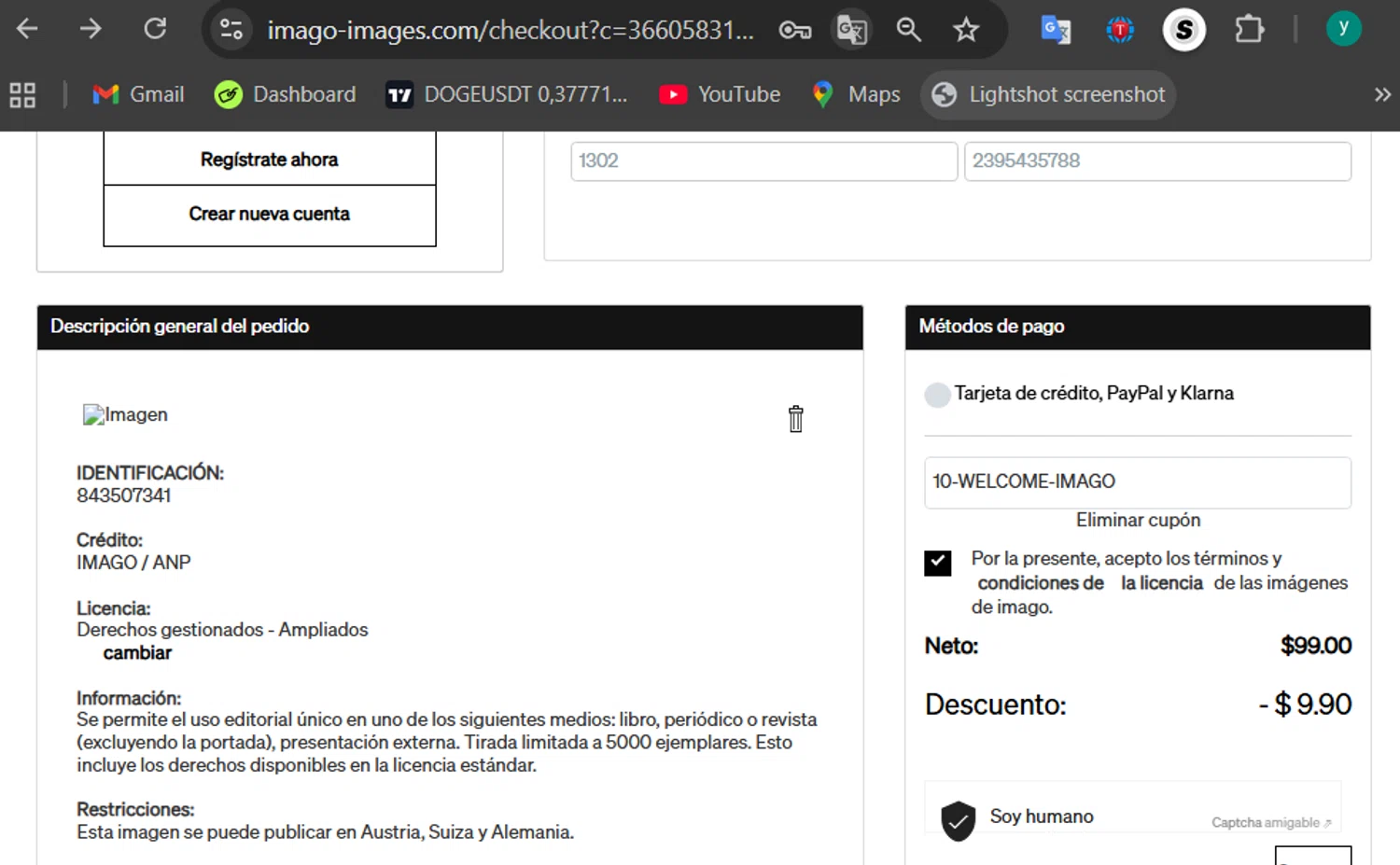 IMAGO promo code screenshot showing code 10-WELCOME-IMAGO applied at IMAGO checkout page. Uploaded by SimplyCodes community member 502312 on Dec 22, 2025