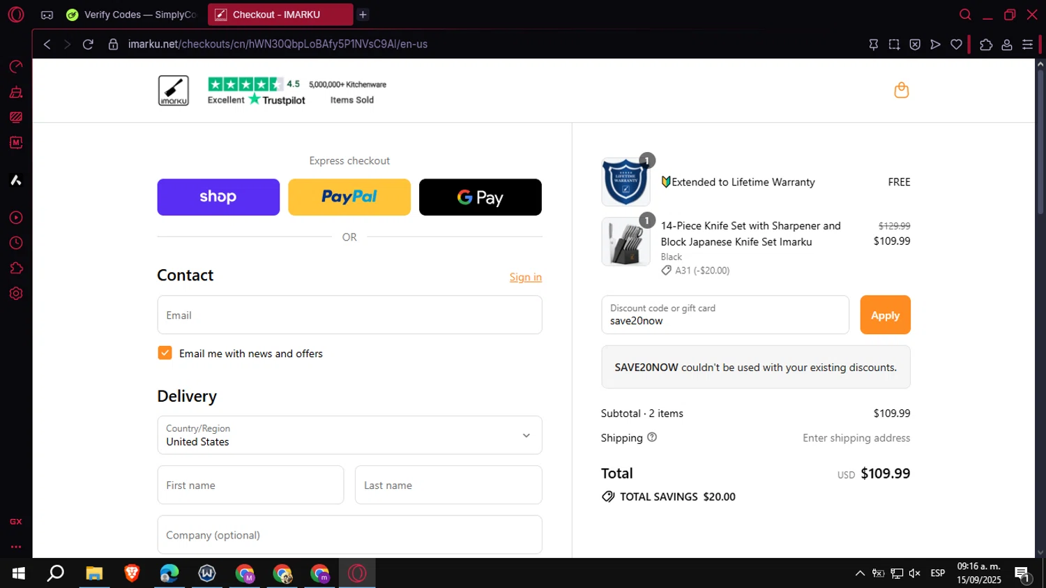 iMarku coupon code screenshot showing code save20now applied at iMarku checkout page. Uploaded by SimplyCodes community member VoucherCollector3778 on Sep 15, 2025