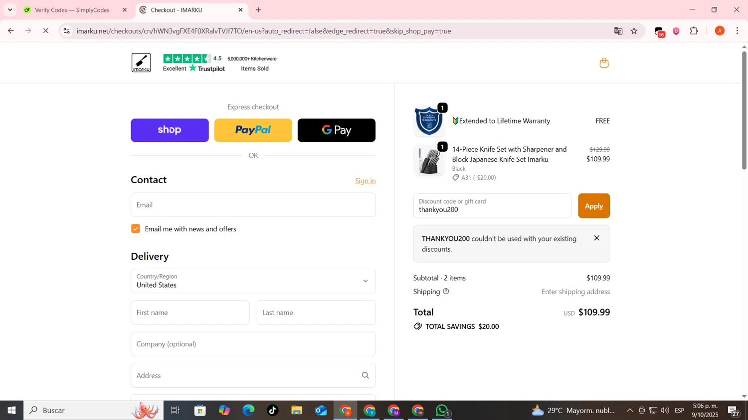 iMarku coupon code screenshot showing code thankyou200 applied at iMarku checkout page. Uploaded by SimplyCodes community member FrugalSentinel6206 on Oct 9, 2025