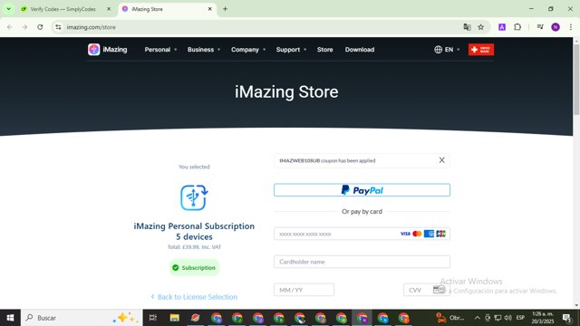 iMazing checkout page showing iMazing discount code box | Screenshot taken by SimplyCodes community member on Mar 20, 2025