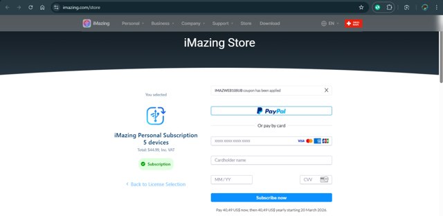 iMazing checkout page showing iMazing discount code box | Screenshot taken by SimplyCodes community member on Mar 20, 2025