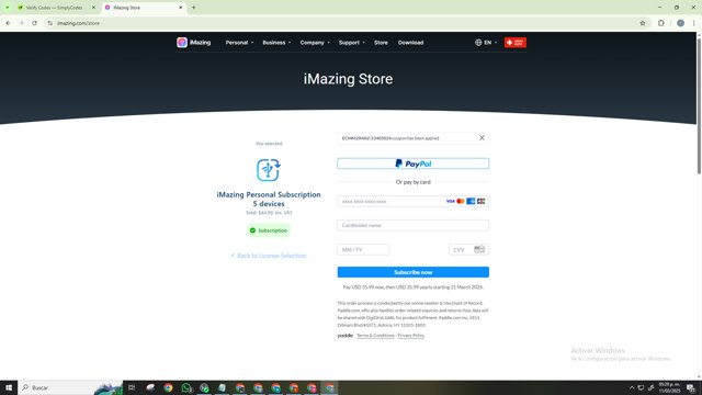 iMazing checkout page showing iMazing discount code box | Screenshot taken by SimplyCodes community member on Mar 11, 2025