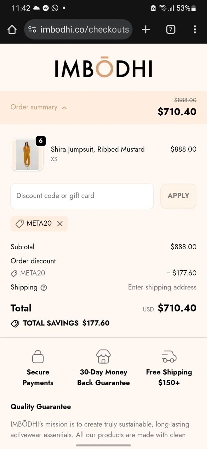 Imbōdhi promo code screenshot showing code META20 applied at Imbōdhi checkout page. Uploaded by SimplyCodes community member miguelcrast on Oct 16, 2025
