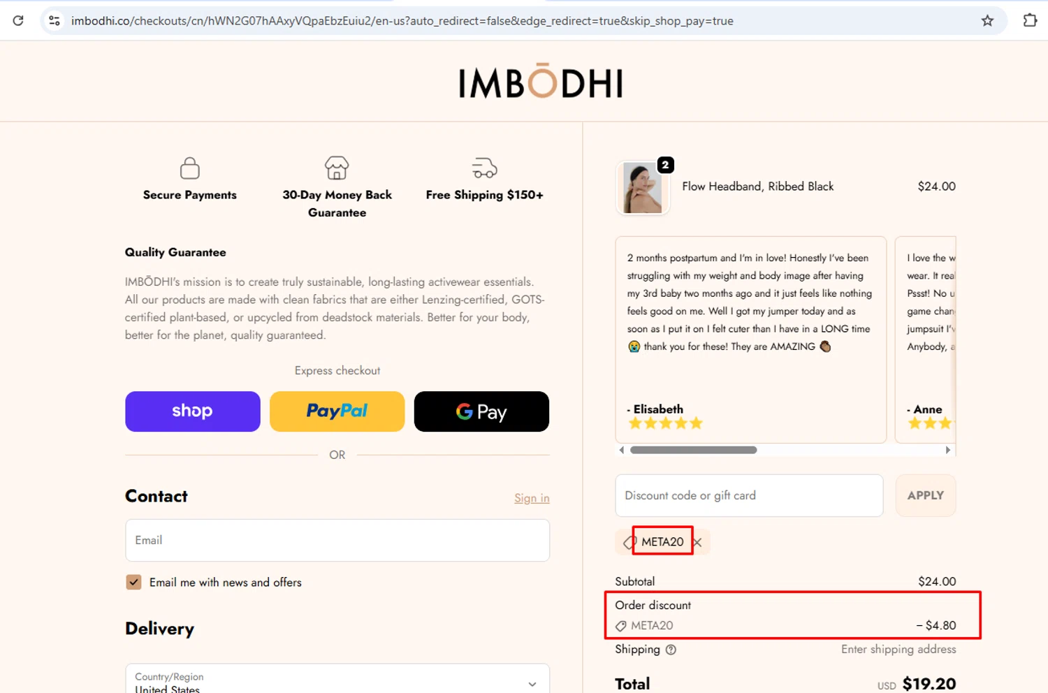 Imbōdhi promo code screenshot showing code META20 applied at Imbōdhi checkout page. Uploaded by SimplyCodes community member nileskamarcano on Oct 16, 2025