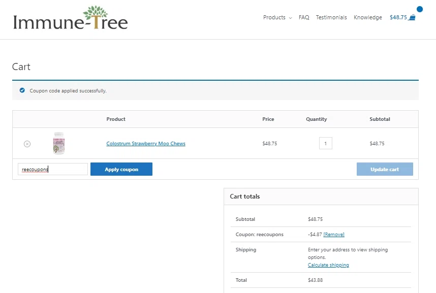 Immune Tree checkout page showing Immune Tree coupon code box | Screenshot taken by SimplyCodes community member on Dec 18, 2022