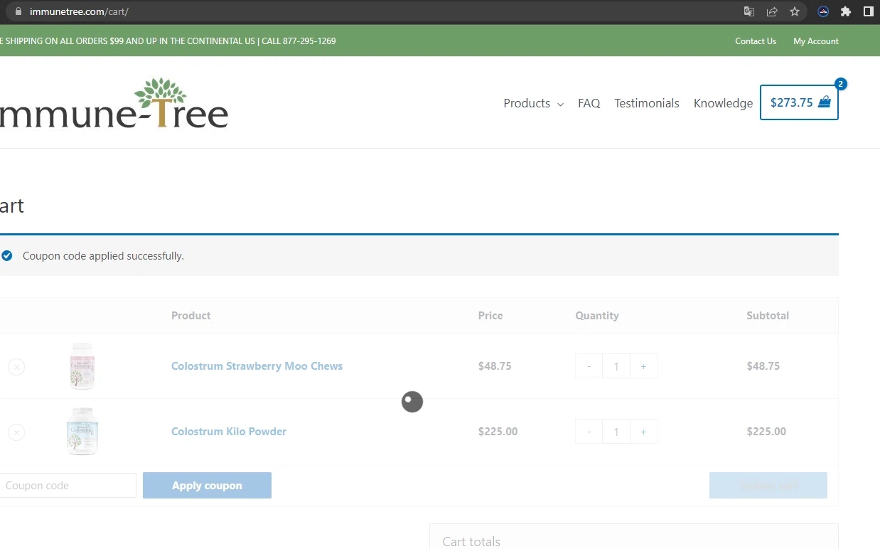Immune Tree checkout page showing Immune Tree coupon code box | Screenshot taken by SimplyCodes community member on Jul 26, 2022