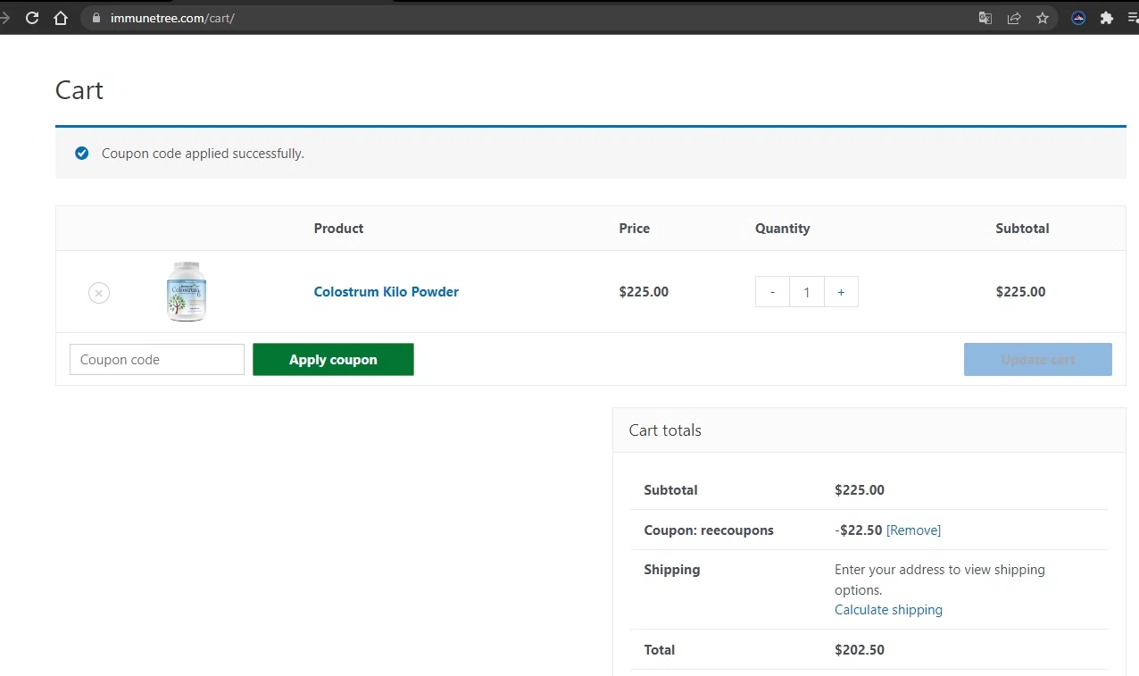 Immune Tree checkout page showing Immune Tree coupon code box | Screenshot taken by SimplyCodes community member on Aug 24, 2022