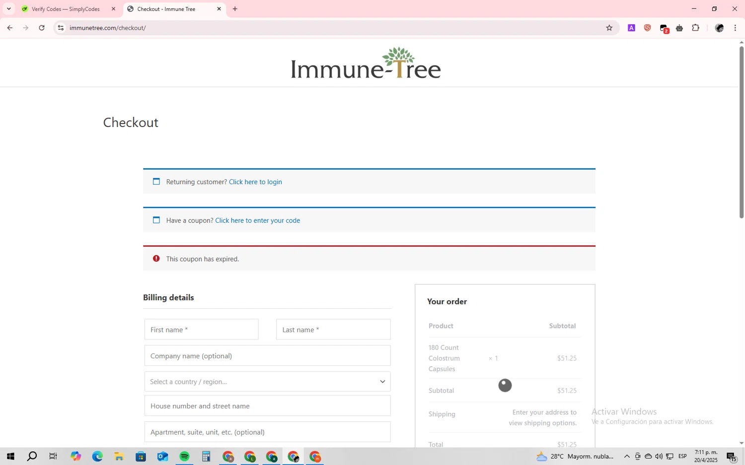 Immune Tree coupon code screenshot showing code FLASH10 applied at Immune Tree checkout page. Uploaded by SimplyCodes community member CleverFalcon4891 on Apr 20, 2025