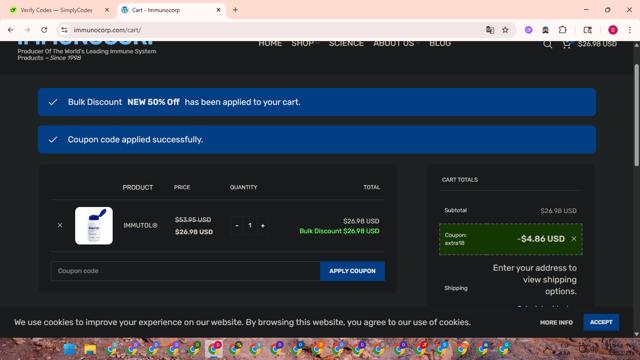 IMMUNOCORP checkout page showing IMMUNOCORP coupon code box | Screenshot taken by SimplyCodes community member on Aug 9, 2025