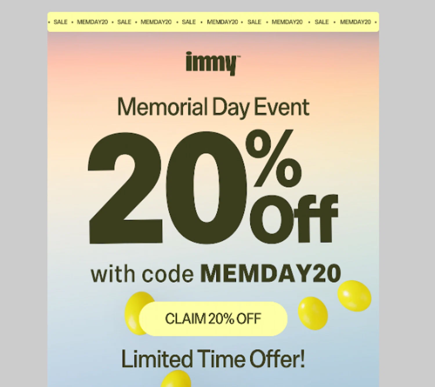 immy promo code screenshot showing code MEMDAY20 applied at immy checkout page. Uploaded by SimplyCodes community member ______________ on May 23, 2025