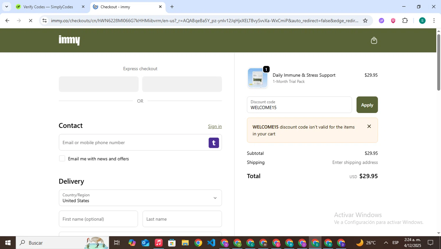 immy checkout page showing immy promo code box | Screenshot taken by SimplyCodes community member on Dec 4, 2025