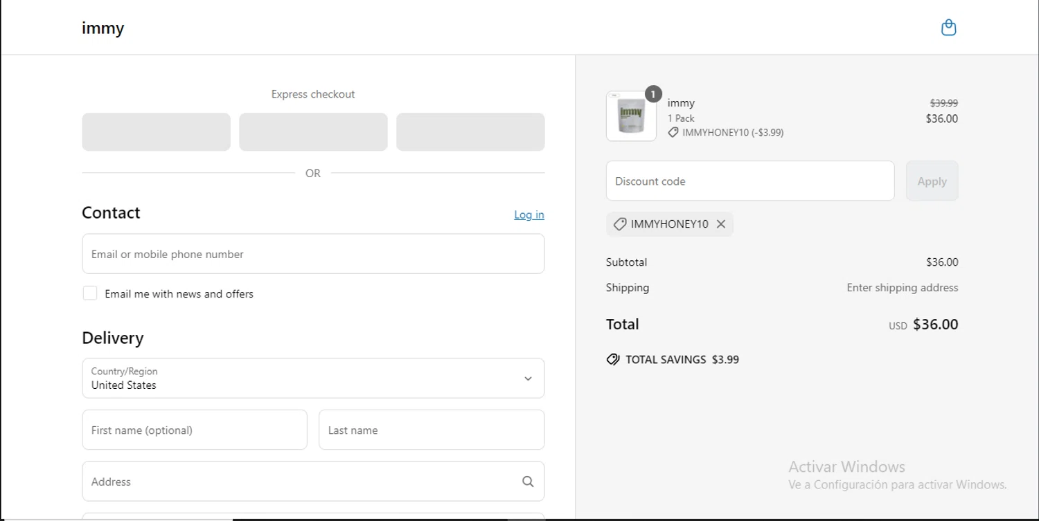 immy promo code screenshot showing code immyHONEY10 applied at immy checkout page. Uploaded by SimplyCodes community member RewardLynx9164 on Jun 2, 2025