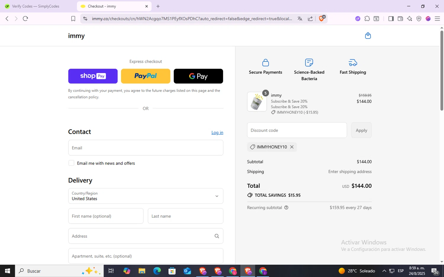 immy promo code screenshot showing code immyHONEY10 applied at immy checkout page. Uploaded by SimplyCodes community member VoucherSpotter6910 on Aug 24, 2025