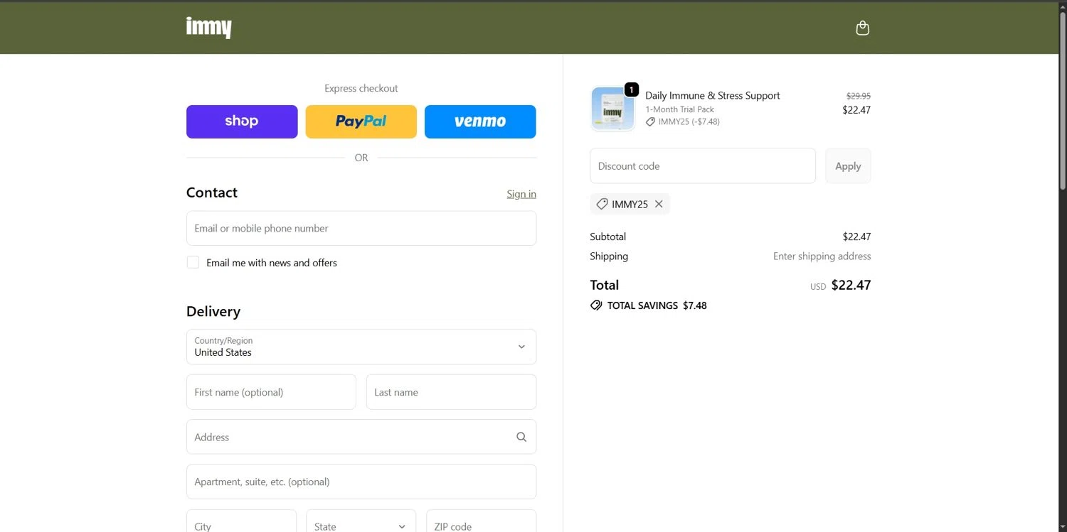 immy promo code screenshot showing code IMMY25 applied at immy checkout page. Uploaded by SimplyCodes community member Depressive on Nov 27, 2025