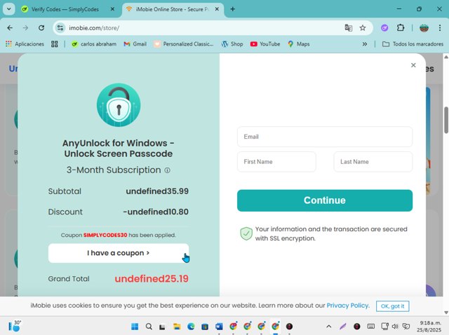iMobie checkout page showing iMobie promo code box | Screenshot taken by SimplyCodes community member on Aug 25, 2025