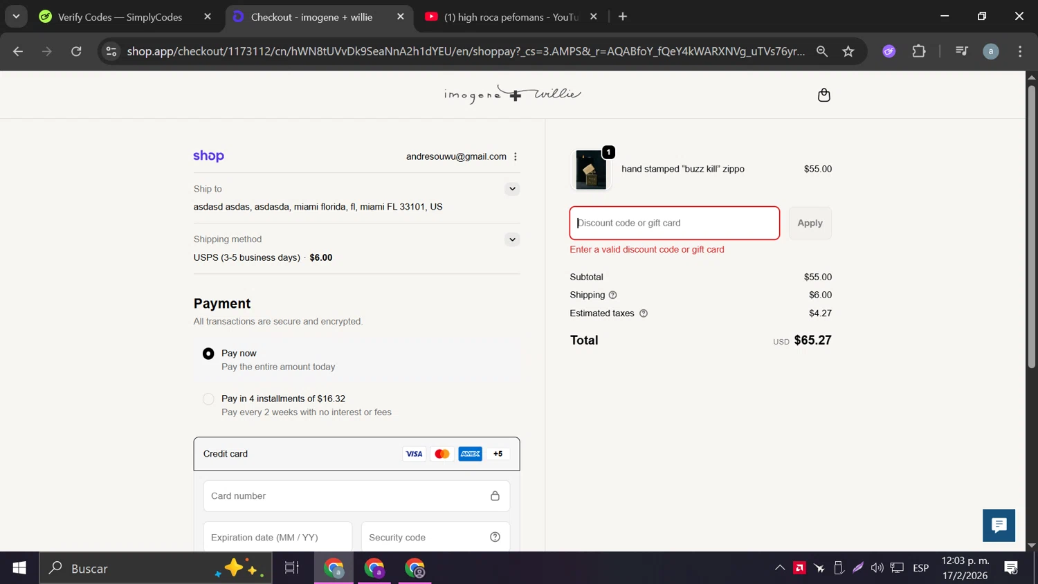 Imogene + Willie discount code screenshot showing code FEELTHELOVE applied at Imogene + Willie checkout page. Uploaded by SimplyCodes community member Anderson on Feb 17, 2026