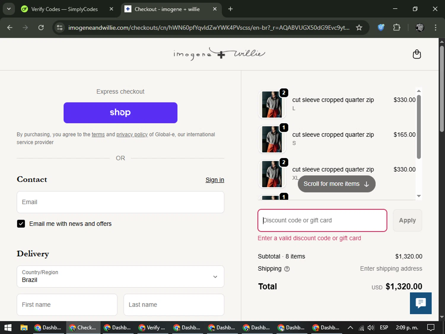 Imogene + Willie discount code screenshot showing code ELLENDAVIS applied at Imogene + Willie checkout page. Uploaded by SimplyCodes community member PrimeKnight6101 on Dec 3, 2025