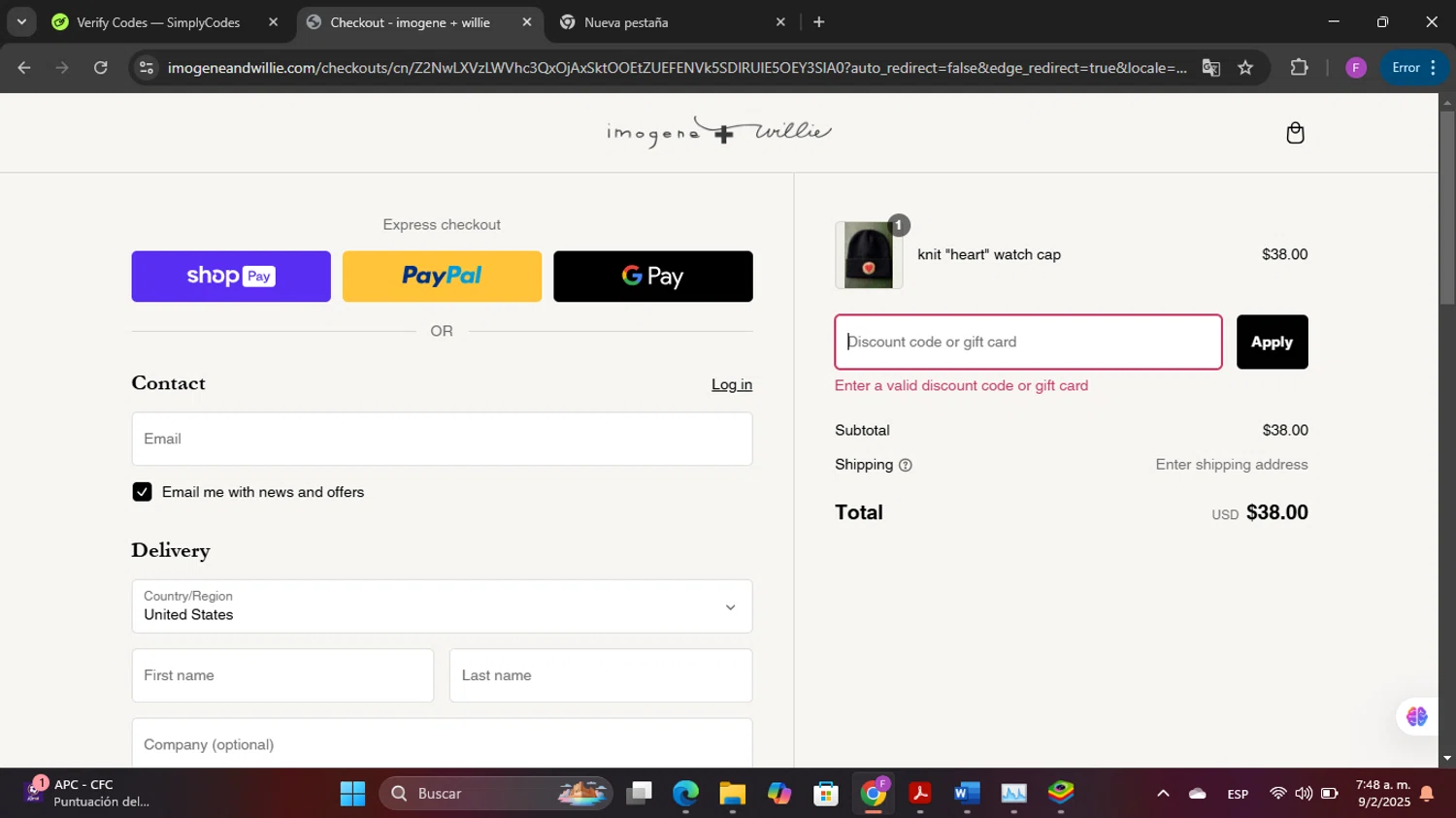 Imogene + Willie discount code screenshot showing code fellthelove applied at Imogene + Willie checkout page. Uploaded by SimplyCodes community member Elwao0213 on Feb 9, 2025