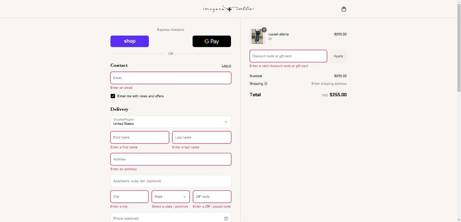 Imogene + Willie discount code screenshot showing code fellthelove applied at Imogene + Willie checkout page. Uploaded by SimplyCodes community member VoucherHero1009 on Sep 1, 2025