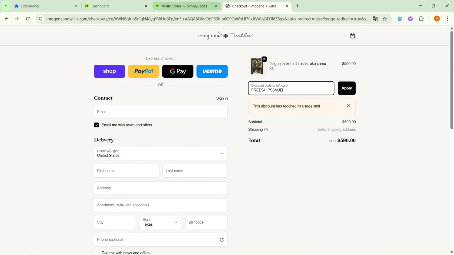 Imogene + Willie discount code screenshot showing code FREESHIPS8NUD applied at Imogene + Willie checkout page. Uploaded by SimplyCodes community member MightyPro2893 on Feb 16, 2026