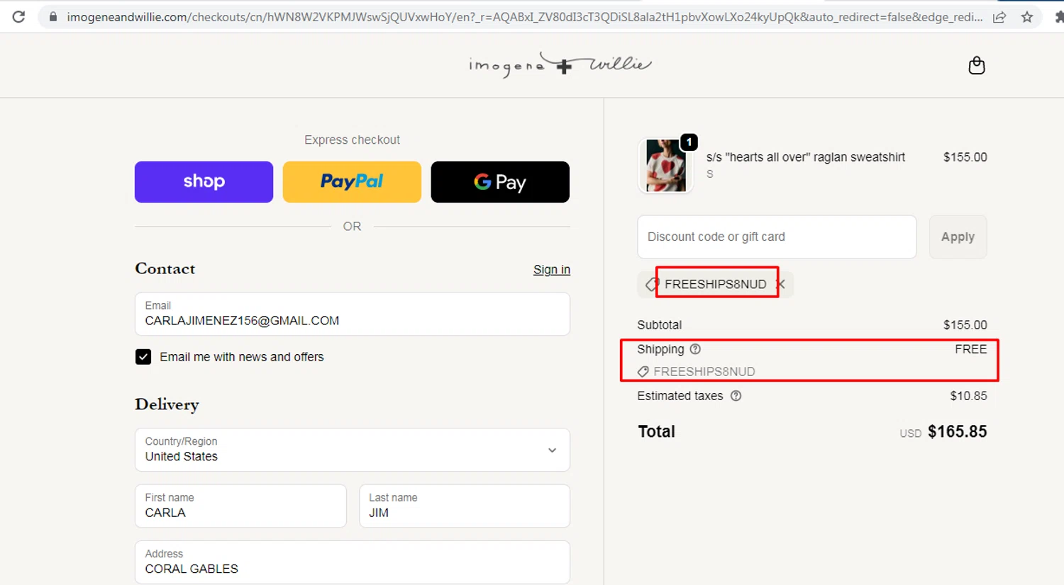 Imogene + Willie discount code screenshot showing code FREESHIPS8NUD applied at Imogene + Willie checkout page. Uploaded by SimplyCodes community member nileskamarcano on Feb 7, 2026