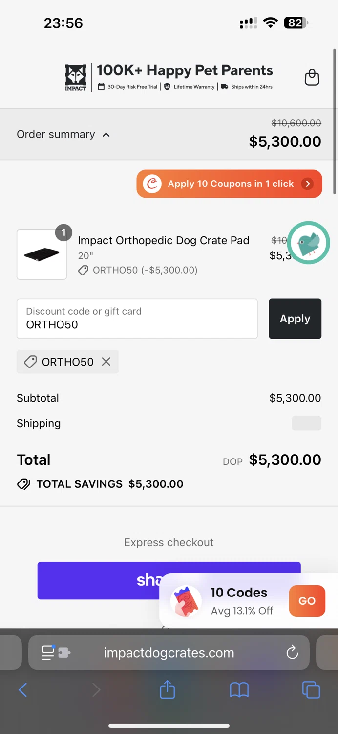 Impact Dog Crates discount code screenshot showing code ORTHO50 applied at Impact Dog Crates checkout page. Uploaded by SimplyCodes community member ______________________________ on Jul 18, 2025