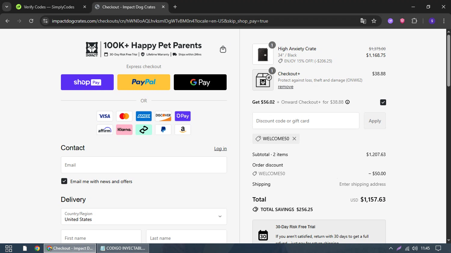 Impact Dog Crates discount code screenshot showing code WELCOME50 applied at Impact Dog Crates checkout page. Uploaded by SimplyCodes community member MoneyHawk1631 on Jul 19, 2025