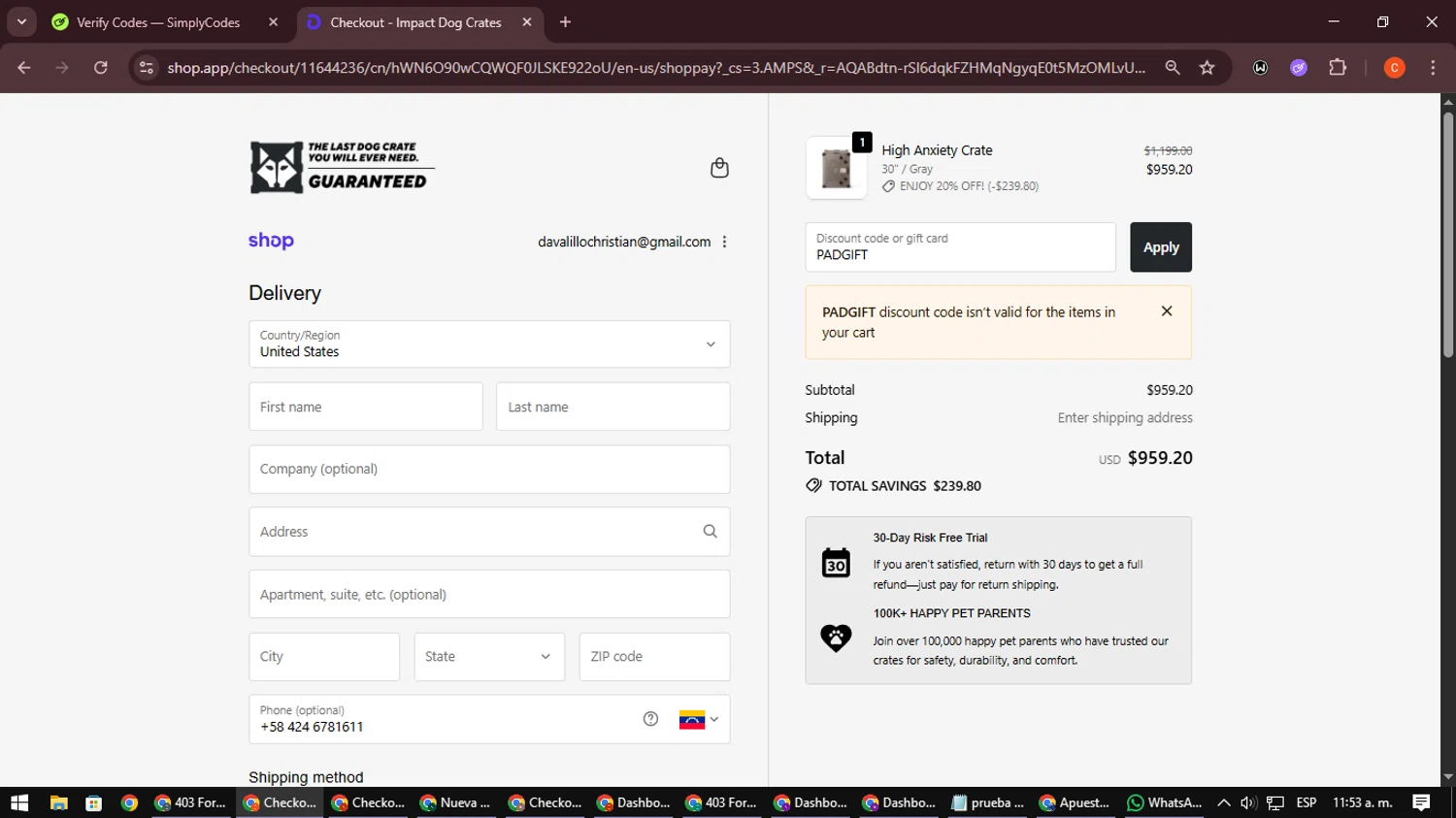 Impact Dog Crates discount code screenshot showing code PADGIFT applied at Impact Dog Crates checkout page. Uploaded by SimplyCodes community member NatanaelCano on Dec 13, 2025