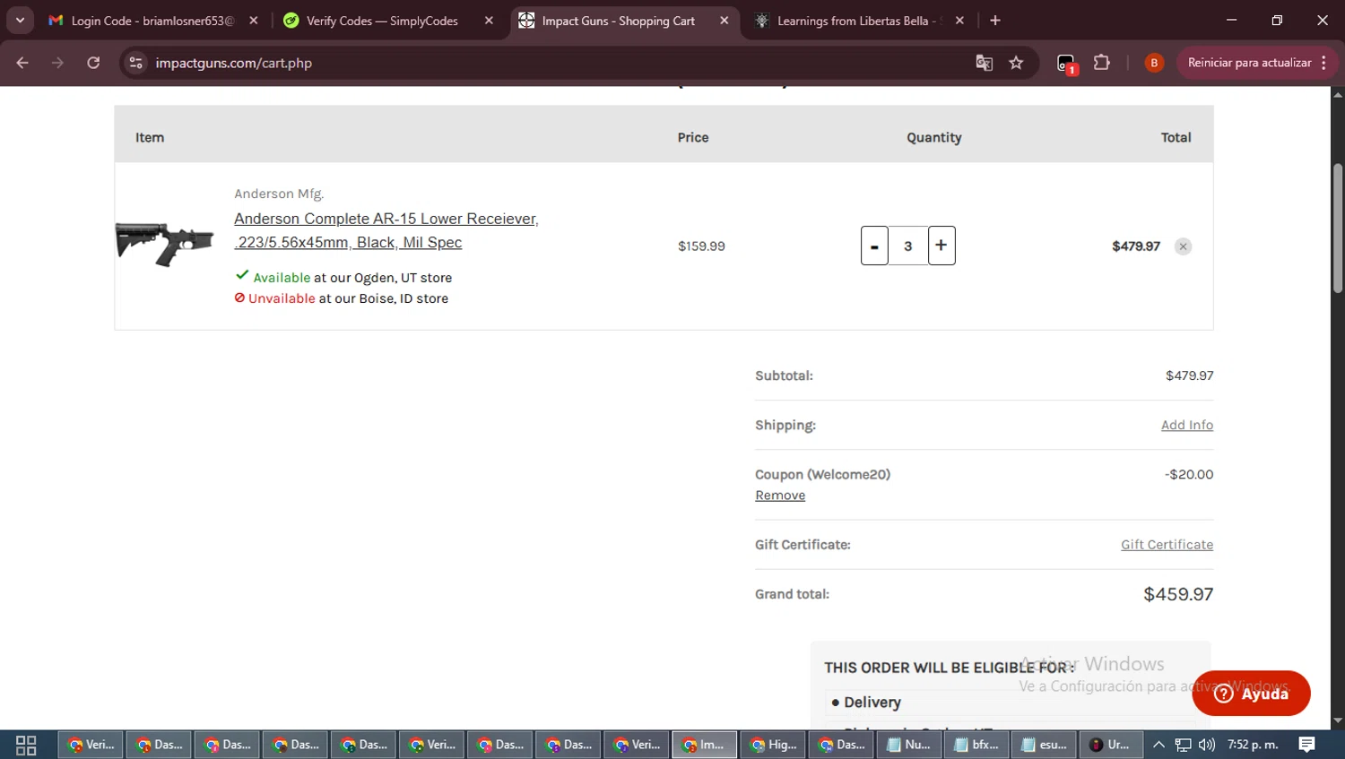 Impact Guns promo code screenshot showing code welcome20 applied at Impact Guns checkout page. Uploaded by SimplyCodes community member DiscountExpert6435 on Oct 11, 2025