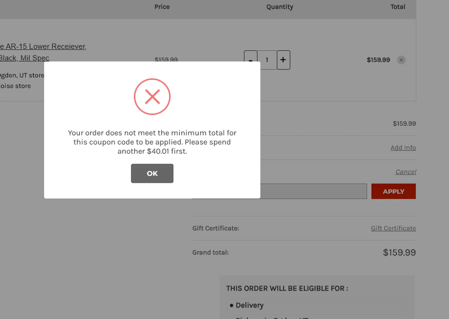 Impact Guns promo code screenshot showing code welcome20 applied at Impact Guns checkout page. Uploaded by SimplyCodes community member EpicHawk5419 on Nov 16, 2025
