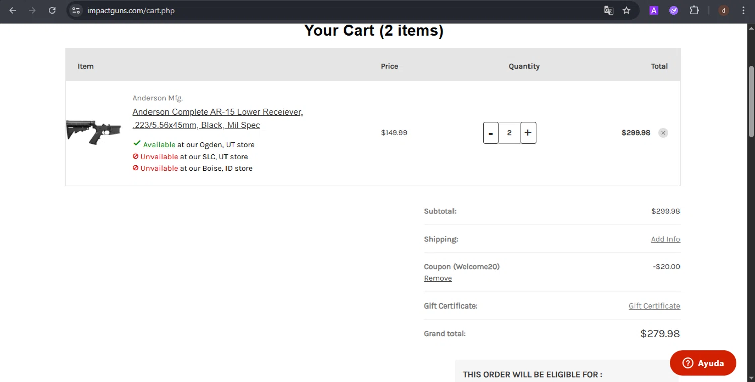 Impact Guns promo code screenshot showing code welcome20 applied at Impact Guns checkout page. Uploaded by SimplyCodes community member VoucherSpotter9376 on Jul 14, 2025