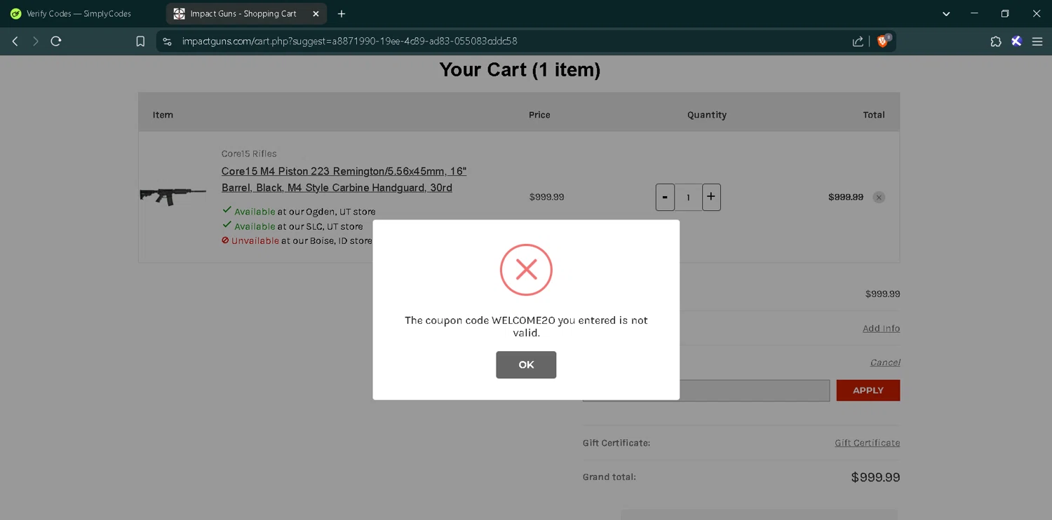 Impact Guns promo code screenshot showing code WELCOME2O applied at Impact Guns checkout page. Uploaded by SimplyCodes community member RoyalMaverick7546 on Feb 20, 2025