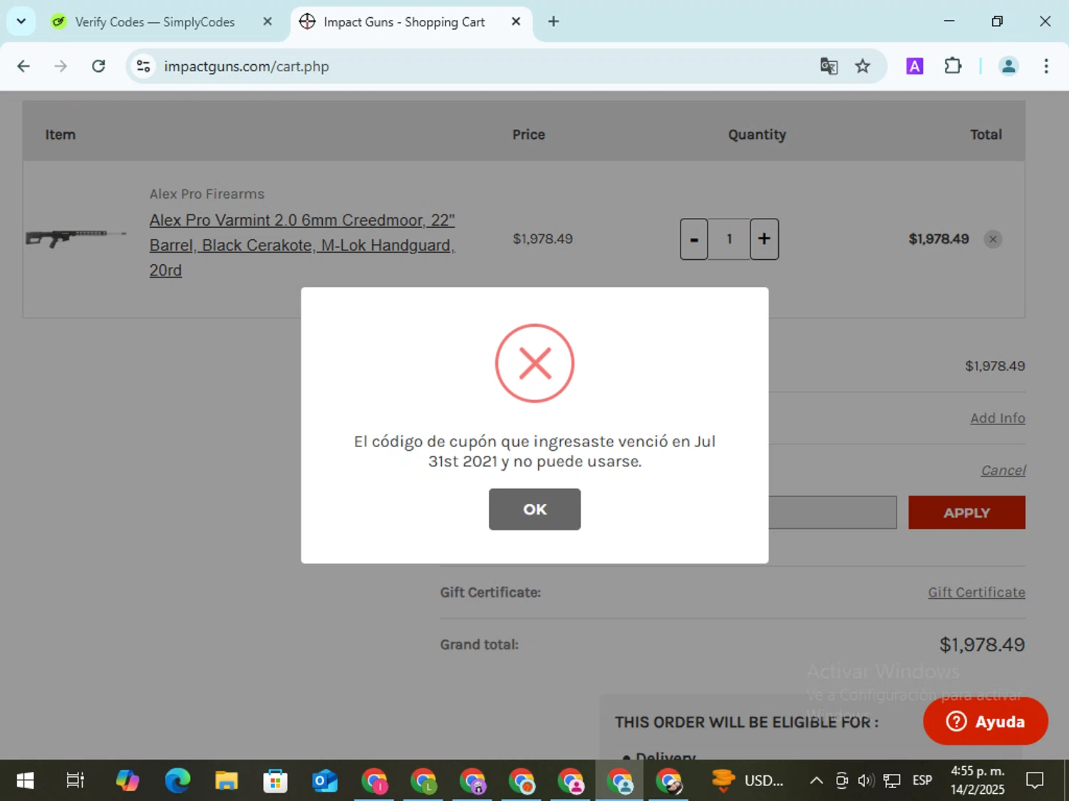 Impact Guns promo code screenshot showing code FB10 applied at Impact Guns checkout page. Uploaded by SimplyCodes community member VoucherExpert8533 on Feb 14, 2025