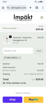WELCOME25 coupon verification screenshot