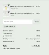 WELCOM25 coupon verification screenshot