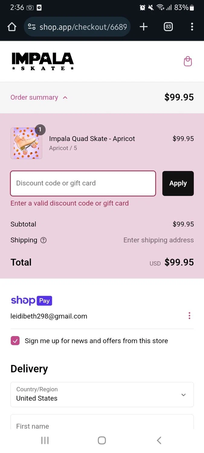 Impala Skates discount code screenshot showing code SMSXXVXDQ applied at Impala Skates checkout page. Uploaded by SimplyCodes community member Jose29 on Feb 6, 2025