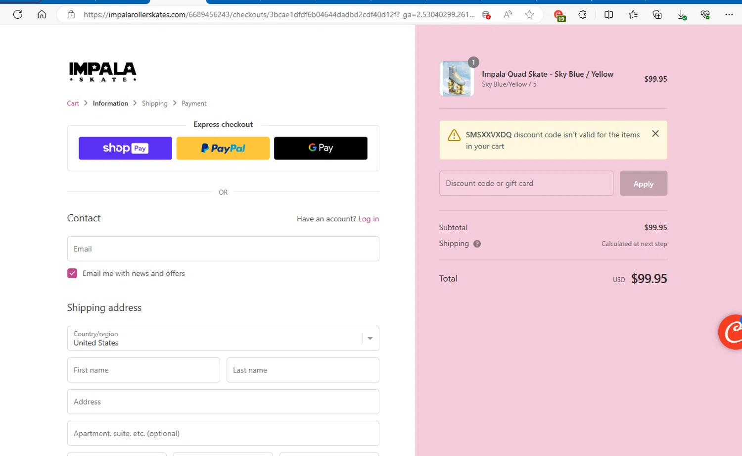 Impala Skates checkout page showing Impala Skates discount code box | Screenshot taken by SimplyCodes community member on May 4, 2024