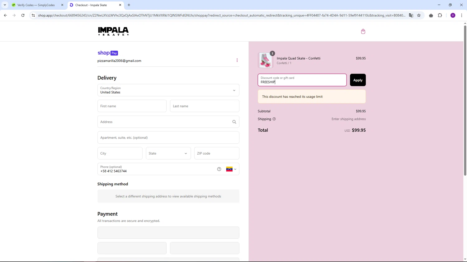 Impala Skates discount code screenshot showing code FREESHIP applied at Impala Skates checkout page. Uploaded by SimplyCodes community member AVAMUSTANG on Mar 11, 2025