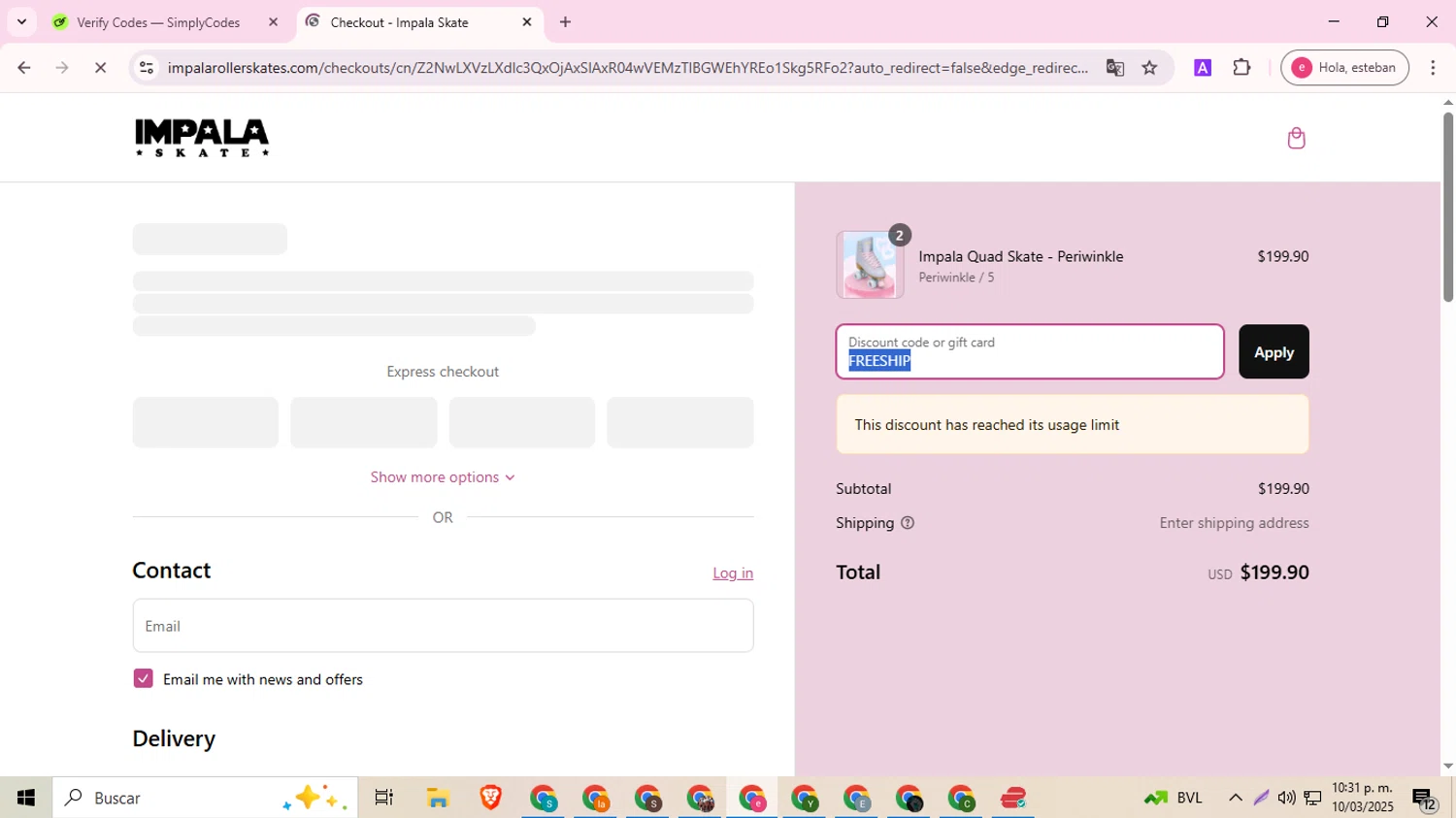 Impala Skates discount code screenshot showing code FREESHIP applied at Impala Skates checkout page. Uploaded by SimplyCodes community member Haaland on Mar 11, 2025