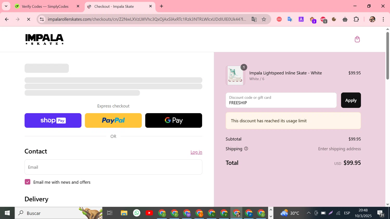 Impala Skates discount code screenshot showing code FREESHIP applied at Impala Skates checkout page. Uploaded by SimplyCodes community member Susejprimera on Mar 11, 2025